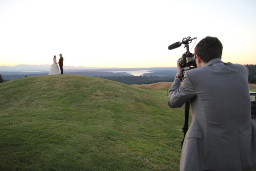 filming sunset photos for a wedding video at Newcastle golf club in Bellevue Washington