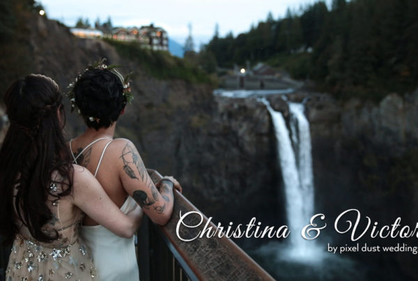 Newlywed couple poses for photo during wedding videography at Salish Lodge in snoqualmie washington