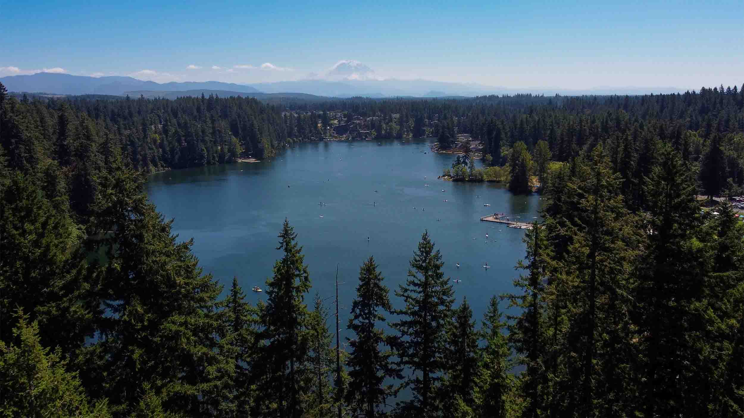 Drone Shot of Lake Wilderness with views of Mt Rainier